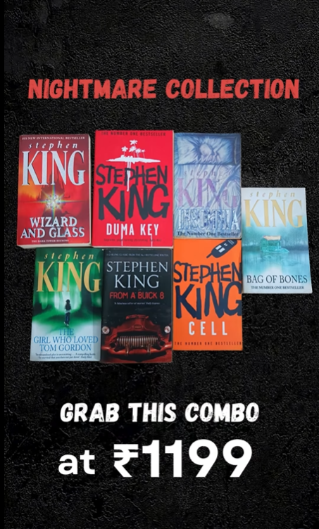 Enter the world of nightmares with Stephen King’s 6-book combo 👑📚
Wizard &amp; Glass | Duma Key | Bag of Bones | Cell | From a Buick 8 | The Girl Who Loved Tom Gordon
👉 All at just ₹1199!