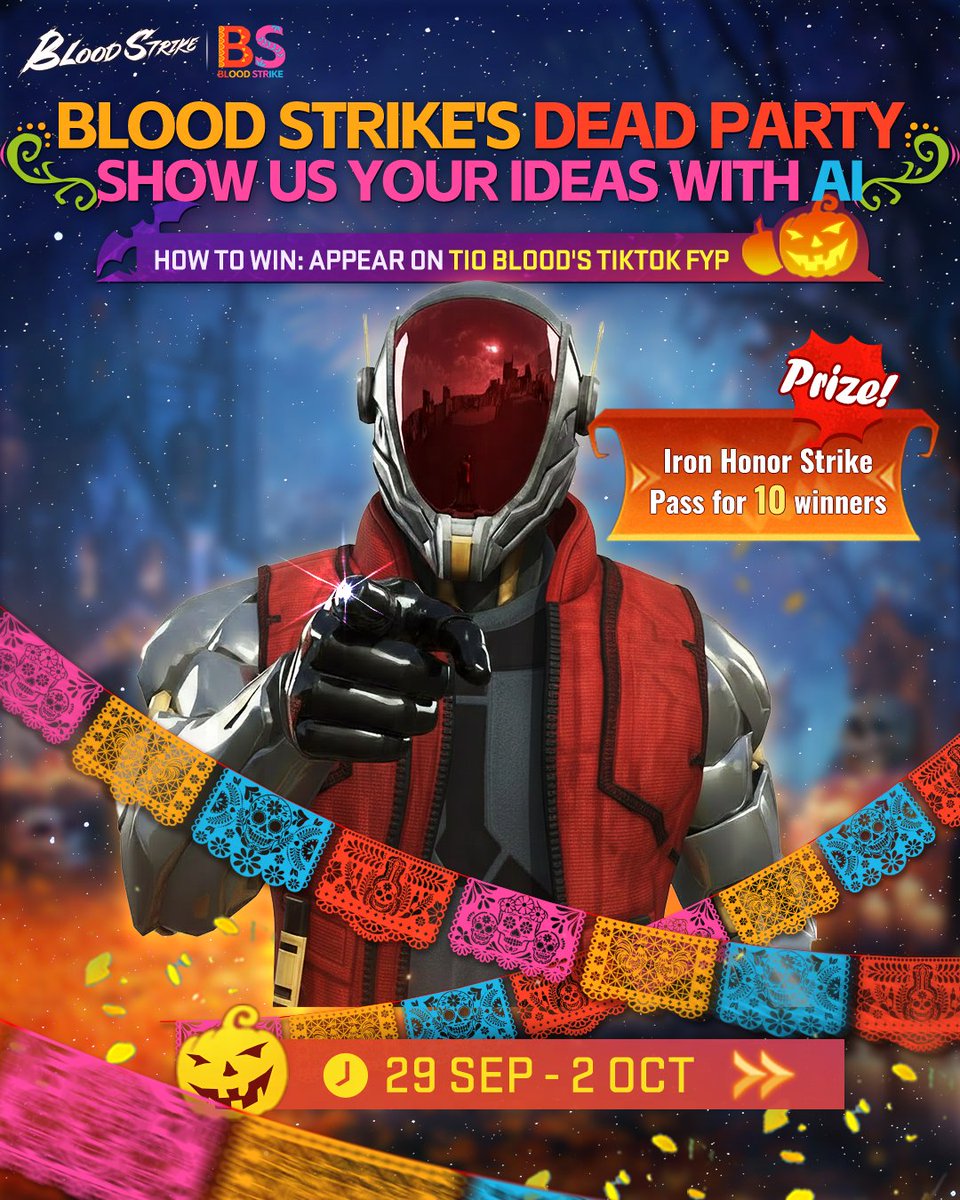 Join the Blood Strike's Dead Party! 💀🎉

We're challenging you to show us your ideas with AI. What does a Blood Strike "Dead Party" look like to you? The 10 most creative entries will win an Iron Honor Strike Pass!

The contest runs from Sep 29 to Oct 2. Good luck, Strikers!