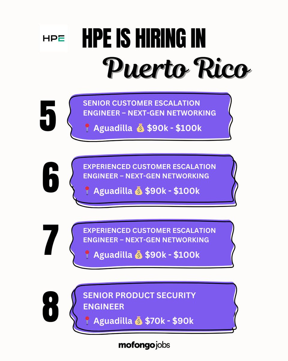 🎉 HPE is hiring in Puerto Rico!

Check out the opportunities at MofongoJobs.com

#PuertoRico #PR #PfknR #wfpr #wfh #trabajo #career #job #hiring #jobs #remote #hybrid #inperson #local #hechoenpr #boricua #aguadilla