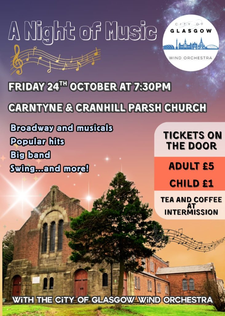CoGWOMusic's tweet photo. Join us for our first concert of the season at Carntyne and Cranhill Parish Church on Friday 24th October
With music from across the genres there is something for everyone 🎶
Tickets available at the door 
Doors open 7pm
Concert Starts 7:30pm https://t.co/RRYs7rxH1A