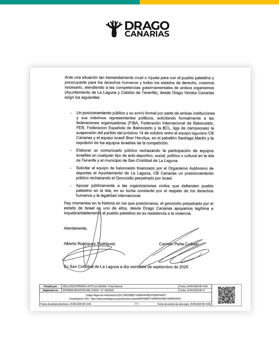 🏀 Pedimos formalmente al Ayuntamiento de La Laguna que se posicione y solicite a los organismos competentes la suspensión del partido del <a href="/CB1939Canarias/">La Laguna Tenerife</a> y el <a href="/BHerzliya/">Bnei PenLink Herzliya | בני הרצליה</a>, entre otras cuestiones.

Esto va más allá del deporte, estamos hablando de Derechos Humanos.