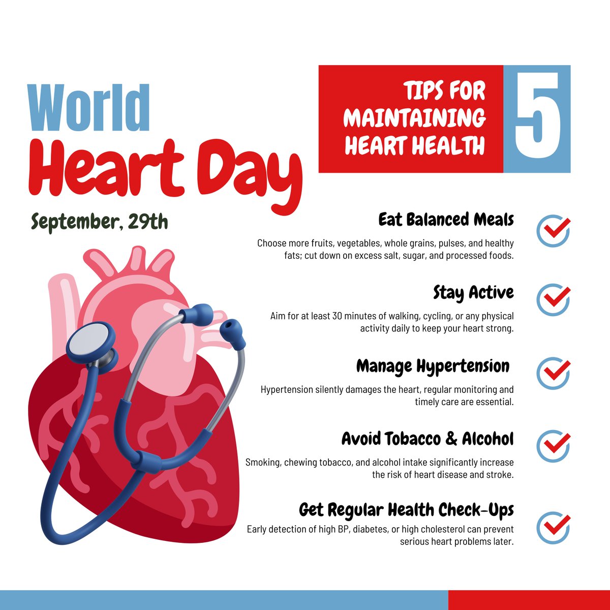 Cardiovascular diseases are a leading cause of death in India-but many can be prevented.
This #WorldHeartDay, let’s protect our hearts: eat balanced meals, stay active, manage BP, avoid tobacco &amp; excess alcohol, and get regular check-ups.
Every heartbeat matters.
