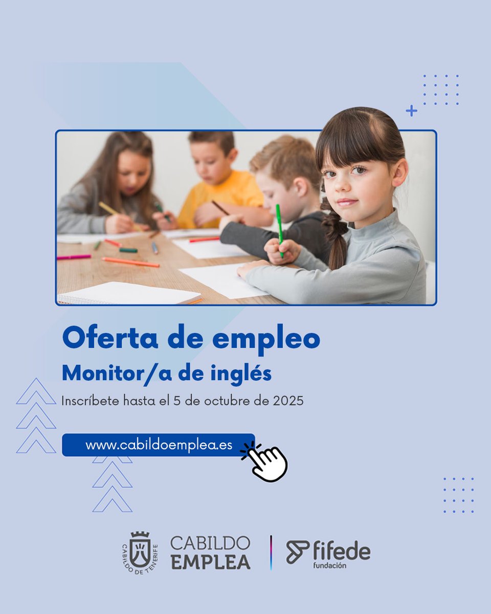[ TENERIFE ] #RST #EMPLEO | Por cortesía de Cabildo Emplea:
#EMPLEO  En Cruz Azul Canarias buscan una persona para cubrir un puesto de Monitor/a de inglés.
Más información en este enlace. shorturl.at/TB7Ds
#CabildoEmplea | #EmpleoTenerife | Cabildo de Tenerife