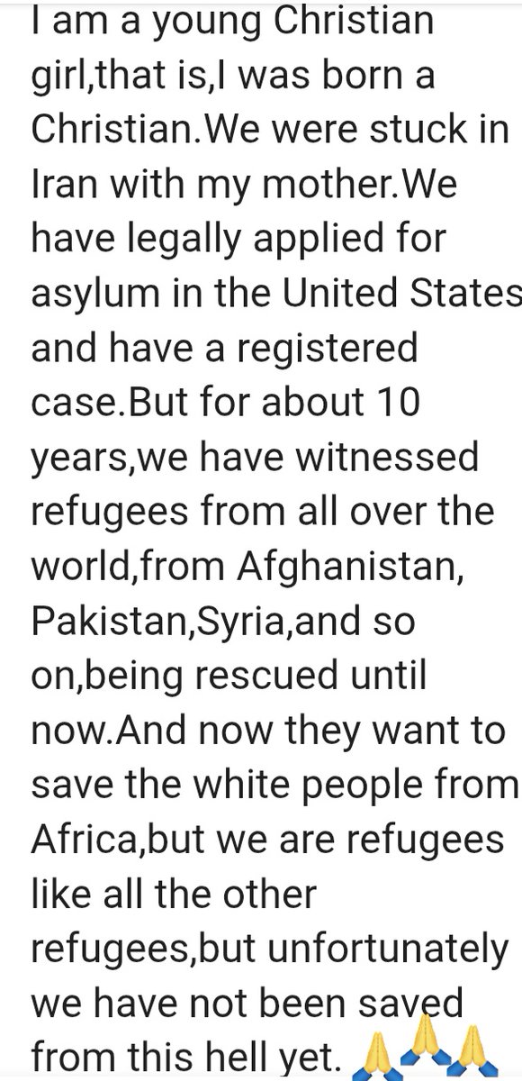 AngelVK20's tweet photo. @Megatron_ron I'm a Christian in Iran.I ask you to see our suffering & pain and please take immediate action to give us Christians & Jews who have legally applied for asylum the opportunity to live in safety & freedom๐ฅบ๐๐๐ผ @HIASrefugees
@IRAP #InvisibleNoMore #JewishValues #IranianRefugees https://t.co/FeMiFJ038f
