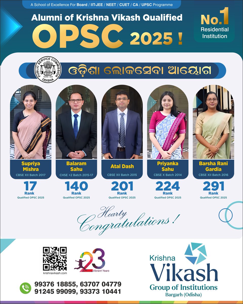 iamdmkrishna's tweet image. I extend my heartfelt congratulations to our five distinguished Krishna Vikash, Bargarh alumni who have excelled in OPSC 2025. 

#krishnavikash #kvgi #OPSC #opsc2025