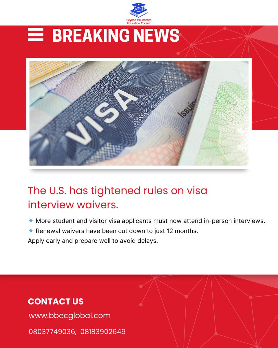 bbecglobal's tweet photo. The U.S. has tightened rules on visa interview waivers.

#BBECglobal
#StudyAbroad 
#UK #USA #Canada #Ireland #Malta #Lithuania #France #Australia #Germany #Spain #EU https://t.co/Ag8rB9jr7x