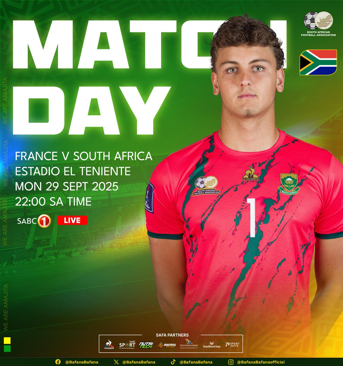 🚨MATCH DAY🚨

U20 FIFA Men's World Cup

⚽️ France 🇫🇷 vs 🇿🇦 South Africa 
🗓 29 September 2025
⏰️ 22h00 (SA time)
🏟 Estadio El Teniente

<a href="/HonorAfrica/">HONOR South Africa</a> <a href="/NUTRITECHFIT/">NUTRITECH®</a> <a href="/pefmo_za/">PEFMO_ZA</a>