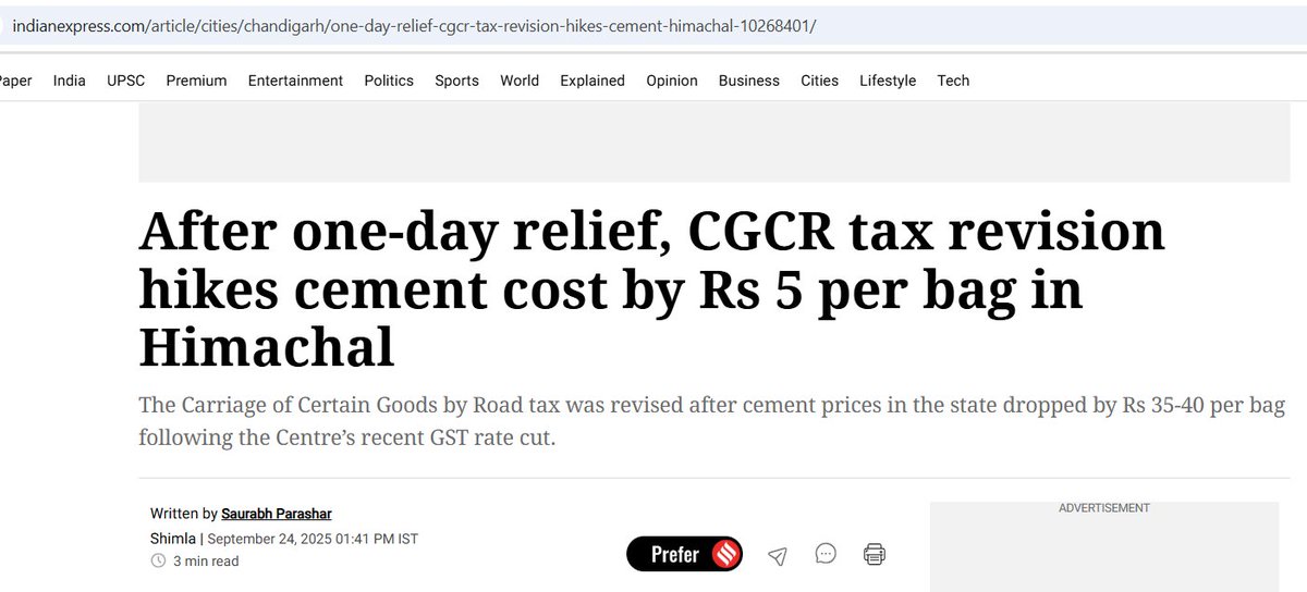 This headline from Indian Express is a work of art

After GST cut, Cong govt in Himachal raised cement price by Rs 5 per bag

Headline in Indian Express says something called "CGCR tax revision" increased the price

At a glance, many will not understand that Cong govt increased