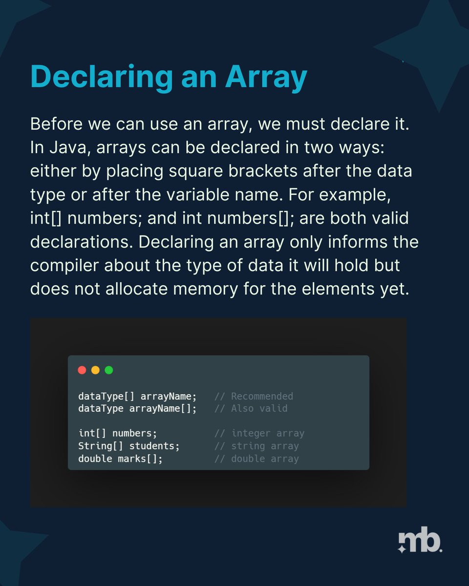 master_backend's tweet photo. Learn the basics of Arrays in Java — how they store data, why they’re efficient, and how to declare them!

#Java #Coding #Programming #Developers #JavaForBeginners #CodeNewbie #100DaysOfCode #masteirngbackend https://t.co/ShcPTvZcum