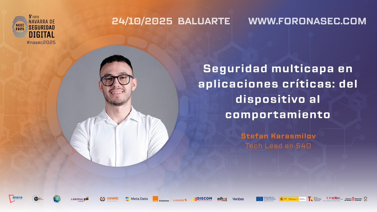 🔏 FORONASEC 25 🔏 

Los entornos de alto riesgo exigen seguridad sin concesiones. 

📅 ¿Cuando? El 24 de octubre, a partir de las 9:30.
📍 ¿Donde? BALUARTE 
Inscripciones ➡️ foronasec.com

#atana #foronasec25 #ciberseguridad #seguridaddigital #navarra