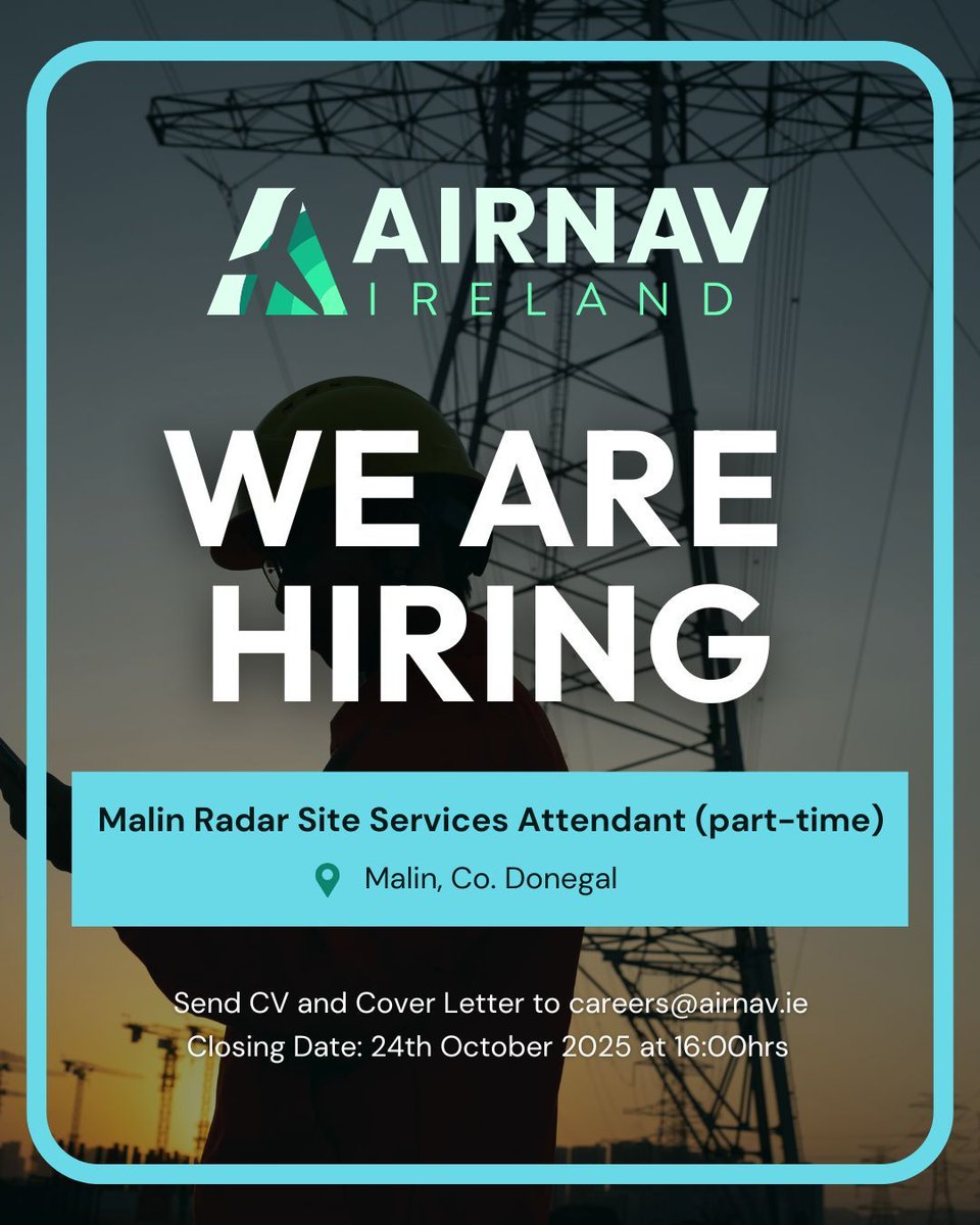 We are #hiring! 📣 

AirNav Ireland are currently recruiting for a part-time Malin Radar Site Services Attendant 

📍 Malin, Co. Donegal
🎓 High level of integrity, trustworthiness, discretion, flexibility and professionality, with a qualification or experience in Health &amp; Safety