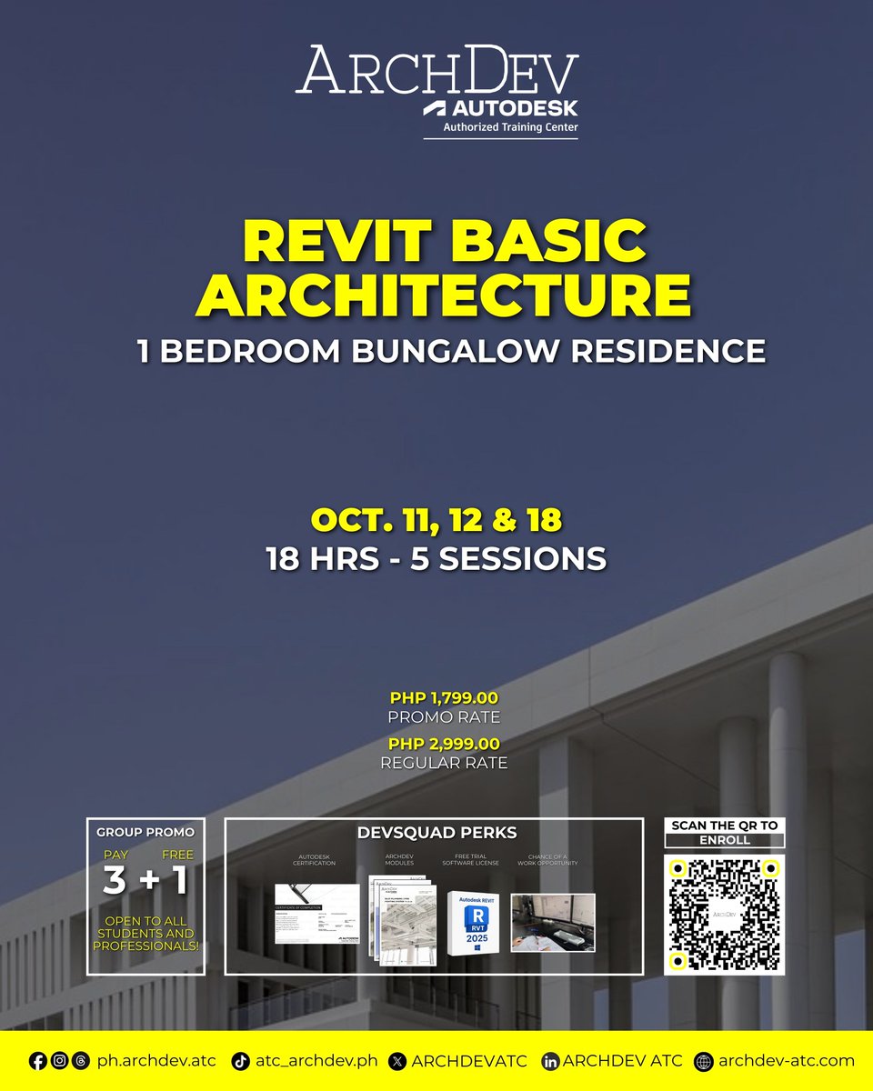 ARCHDEVATC's tweet image. 📢 Reopening Alert! 🏛️✨
Our Revit Basic Architecture Class is BACK this October!

📅 Schedule:
🗓️ Oct 11, 12, &amp;amp; 18
🕒 18 hours | 5 sessions of hands-on learning

👉 Click the link or scan the QR code to ENROLL NOW. 
buff.ly/aFF86n3

#ARCHDEV #RevitBasic #AutodeskTraining