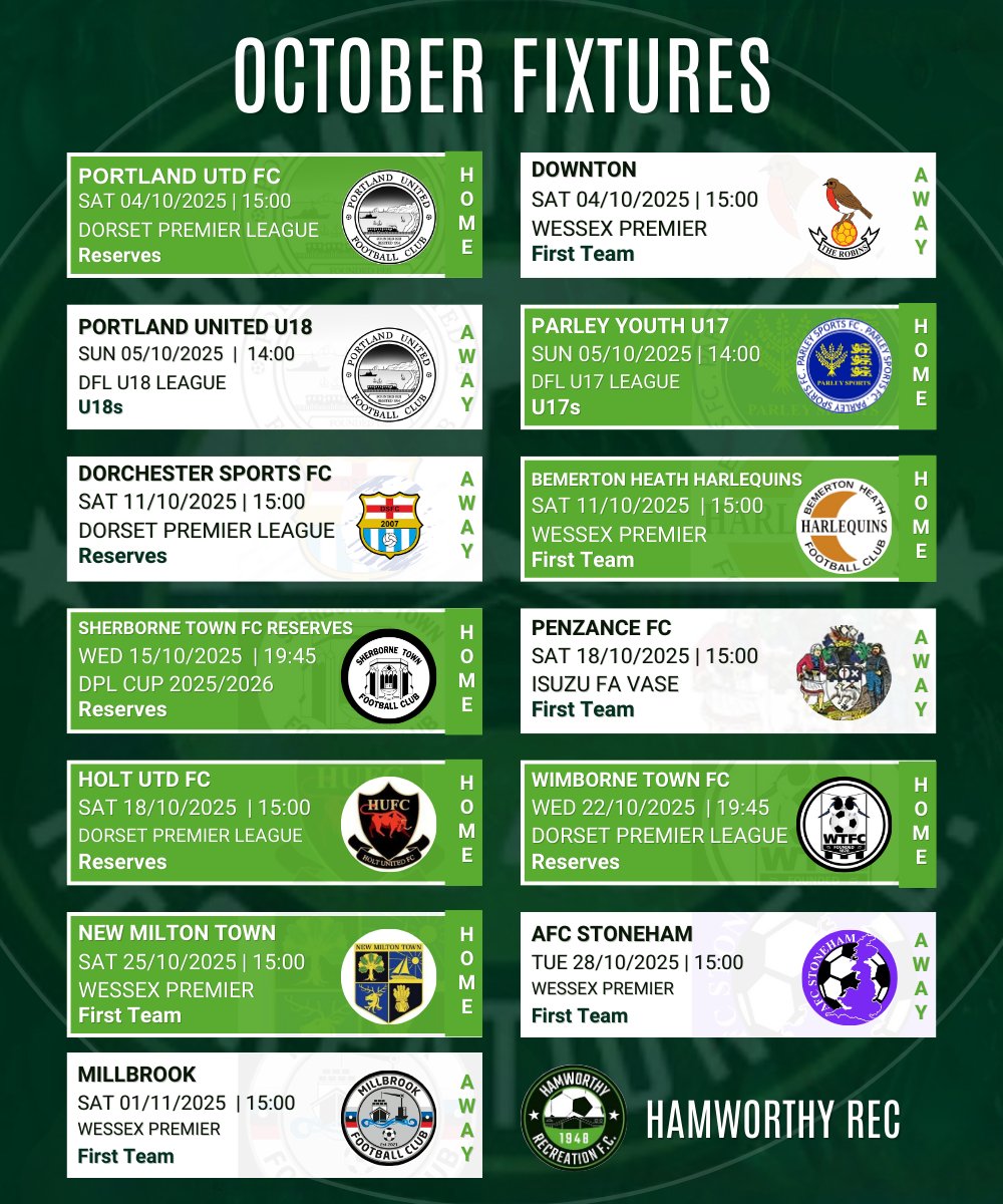 Ham_RecFC's tweet image. 📣⚽ 𝗚𝗲𝘁 𝗯𝗲𝗵𝗶𝗻𝗱 𝘁𝗵𝗲 𝗥𝗲𝗰!

Here’s your October Fixture list for all our teams 🙌💚

Mark the dates, come down, and show your support – let’s make it a big month for Hamworthy Rec! 🏟🔥

#HamworthyRec #OctoberFixtures #UpTheRec