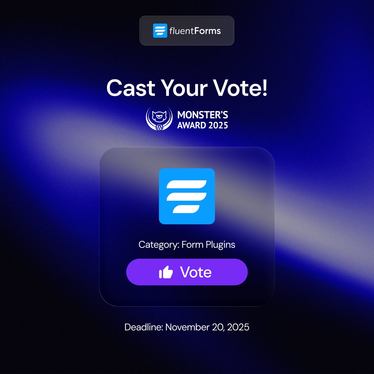 Fluent_Forms's tweet image. Help Fluent Forms secure the Best Form Plugin award at the Monster’s Award 2025! Click the link to cast your vote now: templatemonster.com/awards/categor…