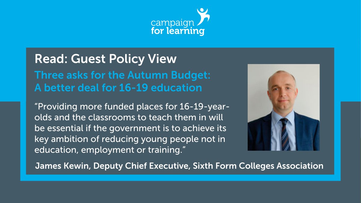 CForLearning's tweet image. James Kewin, Sixth Form Colleges Association @SFCA_info, calls for more funding, more places and more classrooms to enable more 16-19 young people to study full-time. This will in turn prevent young people becoming NEET.
Read his article: bit.ly/A-better-deal-…