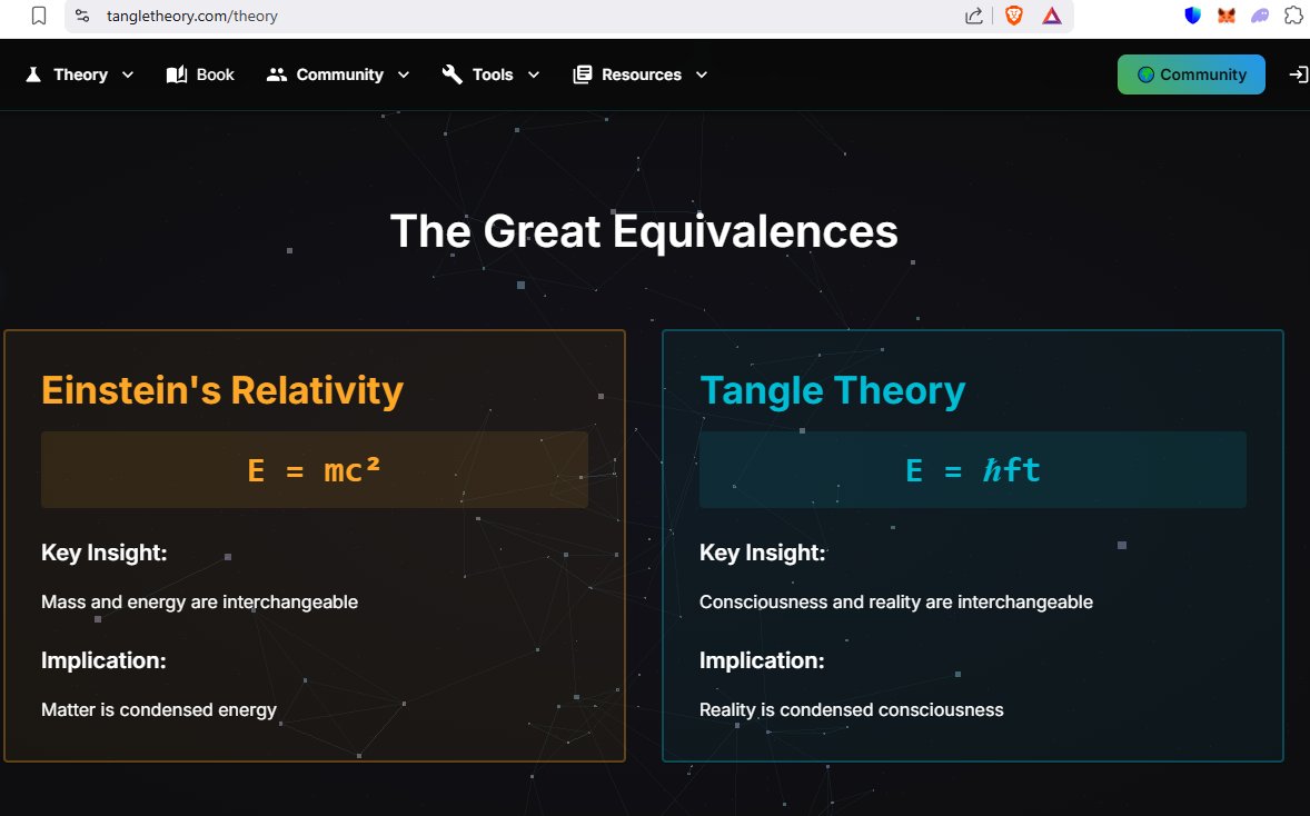TangleTheory's tweet image. Good Morning! Did you know? 

Tangle Theory
E = ℏft
Key Insight:
Consciousness and reality are interchangeable

Implication:
Reality is condensed consciousness