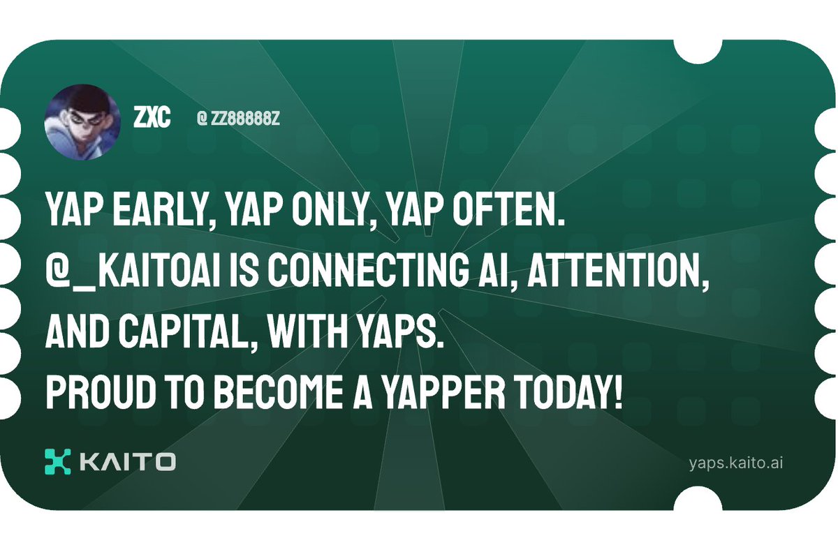zz88888z's tweet photo. Yap early, yap only, yap often.

@KaitoAI is connecting AI, attention and capital with Yaps.

Just claimed my social card and I'm accumulating Yap points in real-time.

Claim yours 👉 https://t.co/fKypIIGf59 https://t.co/E2EPrxPhnI