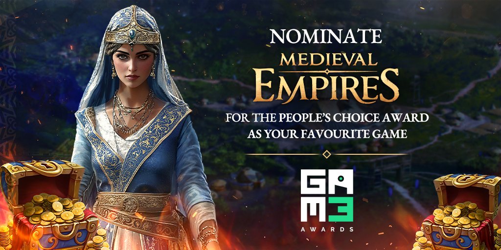 📢Nominate Medieval Empires as your game of choice for the year in #GAM3Awards to get a chance to win $MEE!

🥇$MEE 5000
🥈$MEE 2500
🥉$MEE 1000

Deadline: 17 Oct 2025 

To qualify, Like &amp; Repost  - then follow these steps🧵👇