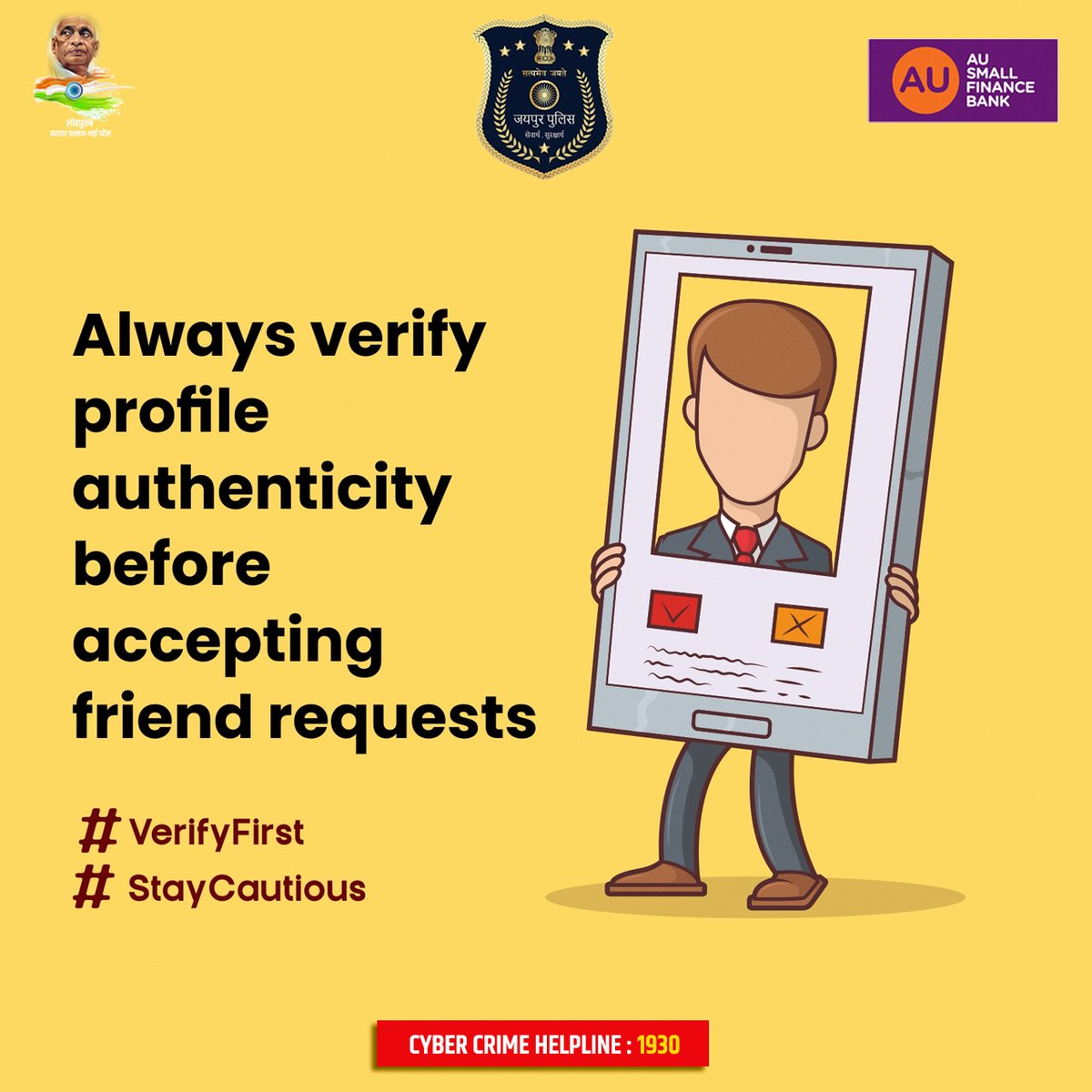 jaipur_police's tweet photo. Always verify profile authenticity before accepting friend requests.
#VerifyFirst #StayCautious #CyberSafety #JaipurPolice https://t.co/uUcewlUhu9
