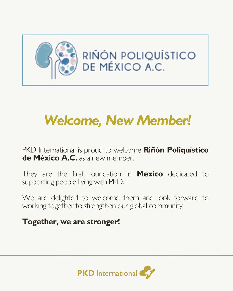 🌍 Welcome to our global PKD family! 

We’re thrilled to announce that on Friday, 26 September 2025, during its Board meeting, PKD International officially welcomed Riñón Poliquístico de México A.C.  as our newest member. 🇲🇽✨

#PKD #PKDCommunity #PatientAdvocacy
