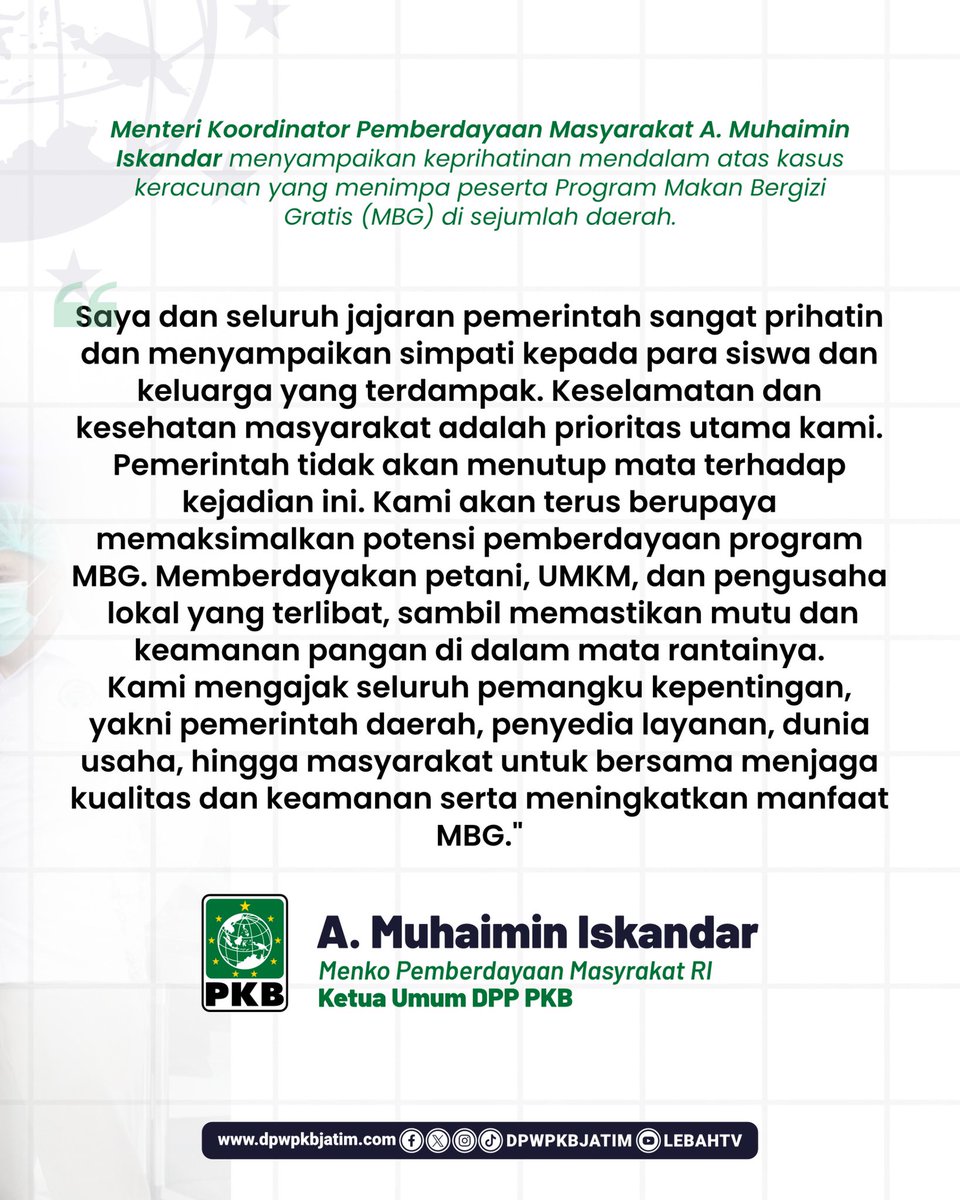 dpwpkbjatim_'s tweet photo. Keselamatan rakyat nomor satu! Pemerintah pastikan evaluasi total Program MBG demi mutu dan keamanan pangan.
#MBG #MakanBergiziGratis #DPWPKBJatim #GusMuhaimin #EvaluasiProgram https://t.co/Qp3oN4bMYi