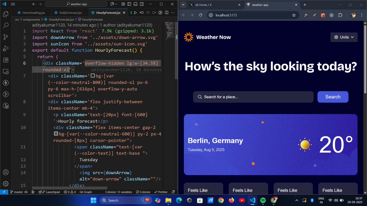 Adityaakumar112's tweet image. update on my weather app for the  #FM30Hackathon Just completed the UI with Tailwind css and going to add the functionalities @frontendmentor