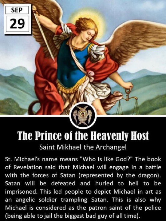 father_rmv's tweet photo. Today is the feast of Sts. Michael, Gabriel and Raphael, Archangels.

Michael (Who is like God?) was the archangel who fought against Satan and all his evil angels, defending all the friends of God. He is the protector of all humanity from the snares of the devil. 

Gabriel (Strength of God) announced to Zachariah the forthcoming birth of John the Baptist, and to Mary, the birth of Jesus. His greeting to the Virgin, "Hail, full of grace," is one of the most familiar and frequent prayers of the Christian people. 

Raphael (Medicine of God) is the archangel who took care of Tobias on his journey.

The previous liturgical calendar (1962) celebrated solely the feast of St. Michael on September 29. St. Gabriel was observed on March 24 and St. Raphael on October 24. This is why there are more traditions regarding St. Michael instead of all three archangels.
