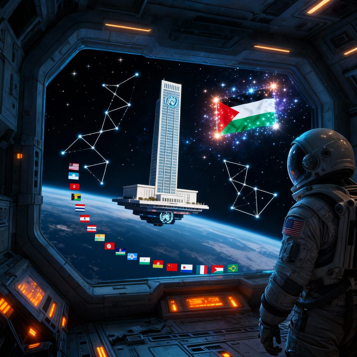 El tablero internacional – Desde la escotilla espacial, la ONU flota en órbita, y la bandera palestina brilla como constelación de justicia.