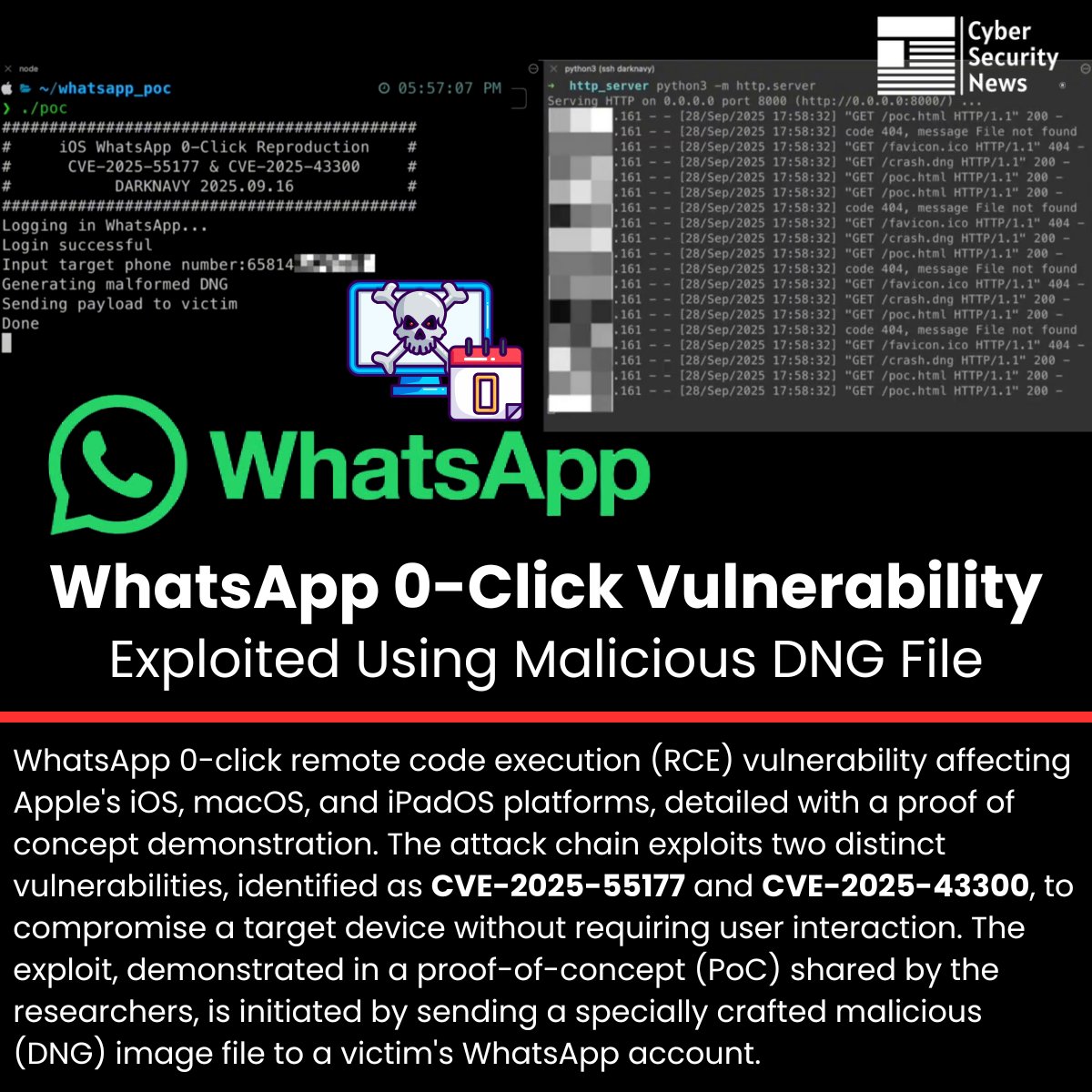 The_Cyber_News's tweet image. 🚨 WhatsApp 0-Click Vulnerability Exploited Using Malicious DNG File 

Read more: cybersecuritynews.com/whatsapp-0-cli…

📌 WhatsApp 0-click remote code execution (RCE) vulnerability affecting Apple’s iOS, macOS, and iPadOS platforms, detailed with a proof of concept demonstration.

📌 The…