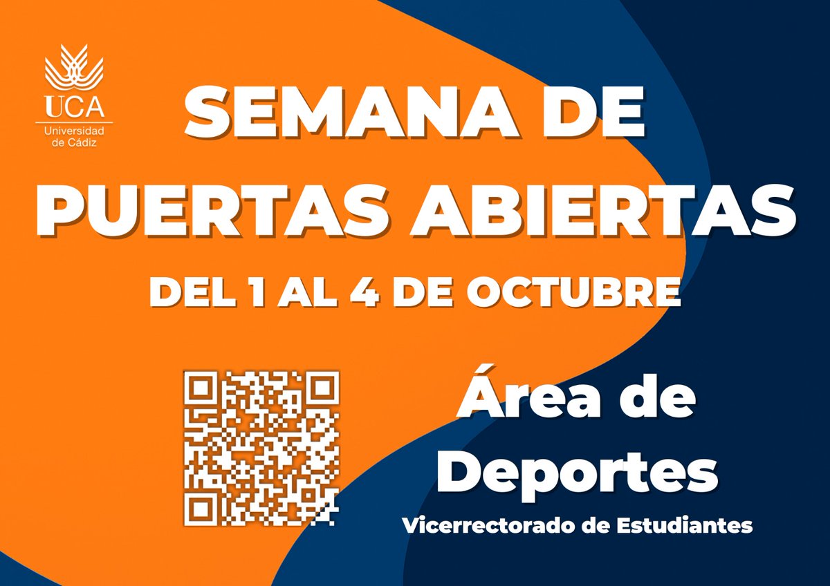 El ADE organiza entre el 1 y el 4 de octubre de 2025, la SEMANA DE PUERTAS ABIERTAS en los cuatro campus.

Toda la información disponible  puede consultarse en la web: areadeportes.uca.es/puertasabierta…

<a href="/univcadiz/">Universidad de Cádiz</a>