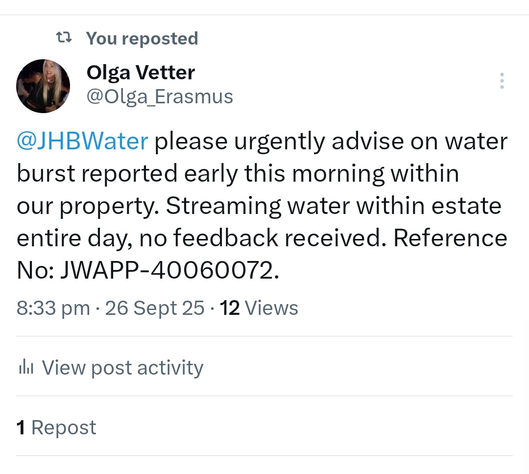 Olga_Erasmus's tweet photo. @JHBWater no response from Friday, please urgently respond https://t.co/LwhJMejV7d