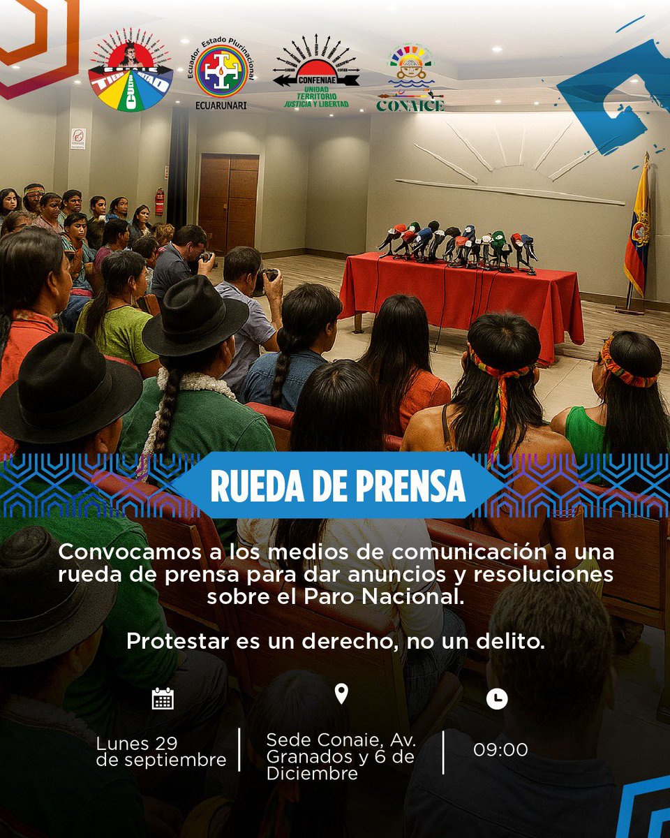 camRenata_'s tweet photo. #URGENTE La CONAIE realizará hoy una rueda de prensa sobre el #ParoNacional2025. Hoy 29 de septiembre a las 09h00 en la Sede CONAIE, Quito. https://t.co/CpFlxWb4dB
