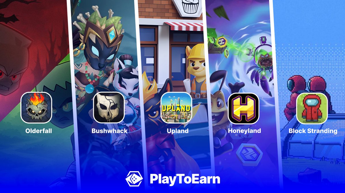 PlayToEarn's tweet photo. Here are 5⃣ blockchain games you need to know about!

With all the exciting developments around these projects, you should definitely check them out ✨

🔹@UplandMe 
🔹Bushwhack (@Moonveil_Studio)
🔹@PlayHoneyland 
🔹@Olderfall 
🔹@blockstranding https://t.co/xF4Db9IhMT