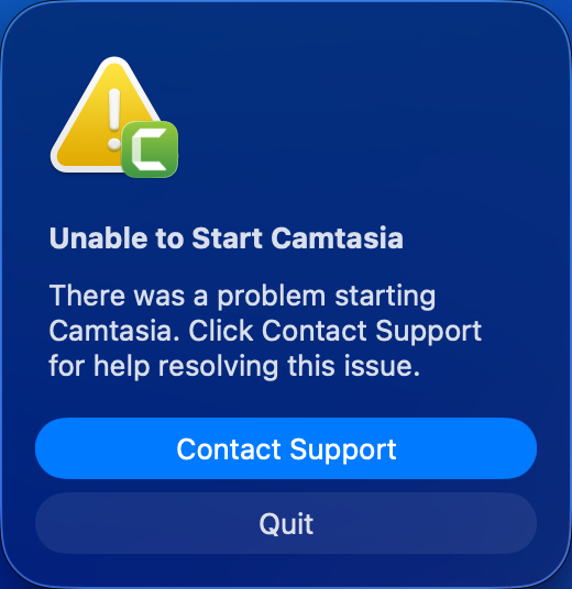 Oh, great. <a href="/Camtasia/">TechSmith Camtasia</a> has never been the most stable app, but it was working well enough last night.

Since this morning, I've had this pop up whenever I open it.

Yes, I've tried all the classic things: rebooting, reinstalling, and cleaning the temporary and hidden files.

All to