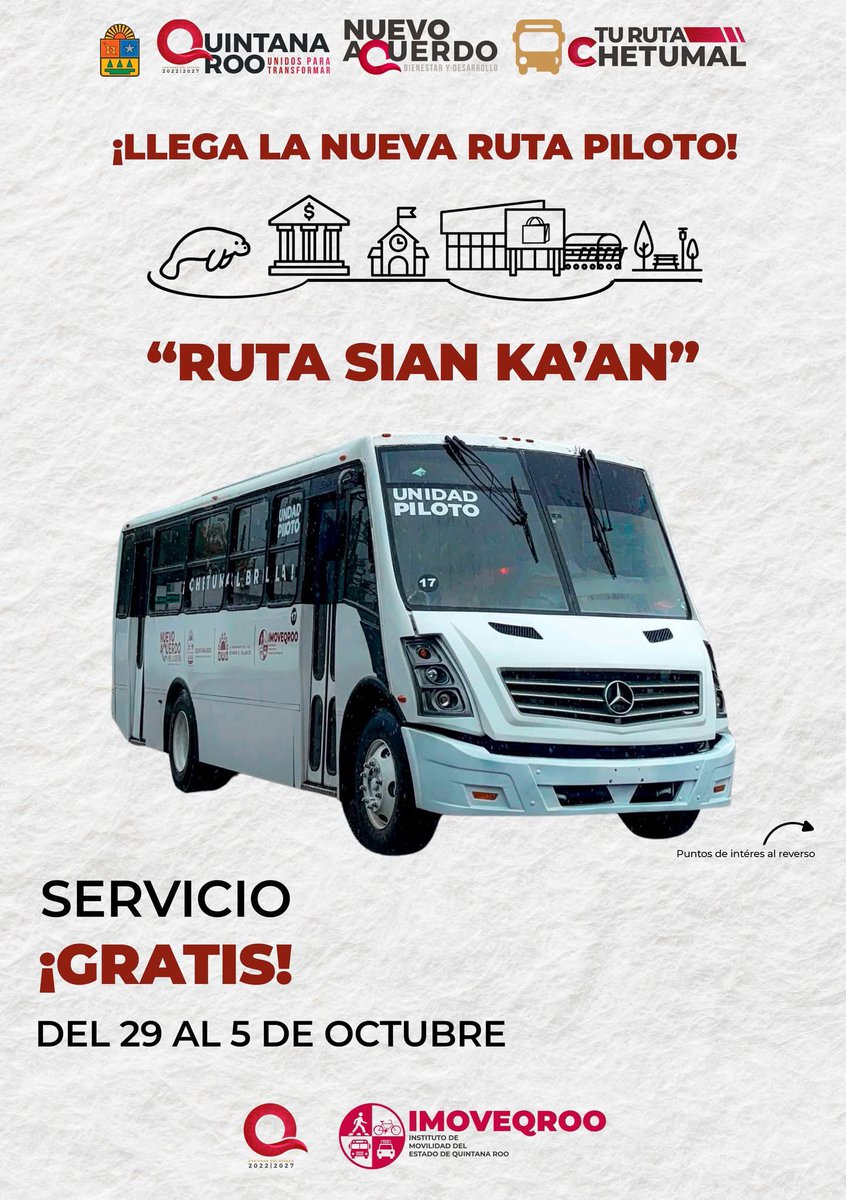 🚨✨ ¡𝐄𝐒 𝐇𝐎𝐘, 𝐄𝐒 𝐇𝐎𝐘! 🙌

Arrancamos la 𝐬𝐞𝐠𝐮𝐧𝐝𝐚 𝐑𝐮𝐭𝐚 𝐏𝐢𝐥𝐨𝐭𝐨 del Proyecto #TuRutaChetumal 🚍 𝐑𝐮𝐭𝐚 𝐒𝐢𝐚𝐧 𝐊𝐚'𝐚𝐧 en la capital del estado.
 
A partir del 𝟐𝟗 𝐝𝐞 𝐒𝐄𝐏𝐓𝐈𝐄𝐌𝐁𝐑𝐄, súbete a la segunda ruta piloto de transporte público.