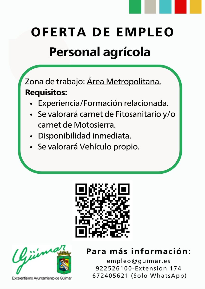 [ TENERIFE ] #RST #EMPLEO | Por cortesía de Empleo Güímar:
1 vacante disponible para labores agrícolas, mantenimiento, recolección, clasificación…
Se valora formación en fitosanitarios, manejo de maquinaria, carnet de conducir...
Interesados/as: empleo.guimar.es/oferta/peon-a-…