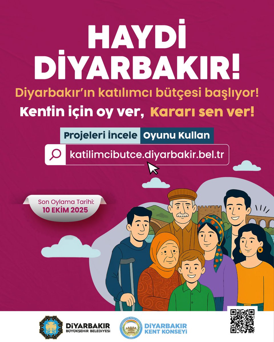 diyarbakirbld's tweet photo. 🗳️ 'Katılımcı Bütçe' Oylaması Başladı: Kent İçin Kararı Halk Veriyor  💬

📌 Büyükşehir Belediyemiz ve Diyarbakır Kent Konseyi iş birliğiyle, halkın karar alma süreçlerine katılımını sağlamak amacıyla "Katılımcı Bütçe" uygulamasını başlattık. “Haydi Diyarbakır! Kentin için oy ver, kararı sen ver!” sloganıyla yürütülen bu çalışma, belediye yatırımlarının yurttaş taleplerine göre şekillenmesini hedefliyor. Yurttaşlarımız, kentin öncelikli ihtiyaçları için hazırlanan projeleri 10 Ekim tarihine kadar inceleyip oylarını kullanabilecek. 

Projeleri incelemek ve oyunuzu kullanmak için: 
🔗 https://t.co/wWbSB5oZG5

🗳️ Dengdana 'Bûdçeya Beşdarî' Dest Pê Kir: Biryara Bajêr Gel Dide 💬

📌 Bi hevkariya Şaredariya me ya Mezin û Konseya Bajêr a Amedê, me sepana "Bûdçeya Beşdarî" da destpêkirin da ku beşdarbûna gel di pêvajoyên biryargirtinê de pêk were. Ev xebat, ku bi dirûşma "Haydê Amed! Ji bo bajarê xwe deng bide, biryarê tu bide!" tê meşandin, armanc dike ku xizmetên şaredariyê li gor daxwazên welatiyan bên teşedayîn.

Welatiyên me dikarin projeyên ku ji bo pêdiviyên sereke yên bajêr hatine amadekirin, heta 10’ê Cotmehê lêkolîn bikin û dengên xwe bi kar bînin.

Ji bo ku hûn projeyan lêkolîn bikin û dengê xwe bi kar bînin:
🔗 https://t.co/wWbSB5oZG5

🗳 Raydayîşê 'Butçeya Beşdare' Dest Pêkerd: Şar Seba Bajarê Xo Qerar Dano 💬

📌 Bi hemkarîya Şaredarîya Ma ya Amedî ya Şaristanê Girdî û Konseya Bajarî ya Amedî seba ke beşdarîya şarî ya prosesê qeraran bikerê, ma tatbîqê “Butçeya Beşdare” da destpêkerdene. Xebata ke bi sloganê “Hadê Amed! Seba Şaristanê Xo Ray Bide, Qeraran Ti Bide” yena kerdene, pê yeno waştene ke buçteya şaredarî goreyê waştişanê şarî bêra xebitnayene. 

Şar eşkeno heta 10ê teşrîna verêne projeyan ra biewnîyo ray bido kamcîn verê bêro viraştene.

Seba raydayîş û ewnîyayîşanê projeyan: https://t.co/wWbSB5oZG5

#Diyarbakır #Amed #KatılımcıBütçe #KentKonseyi