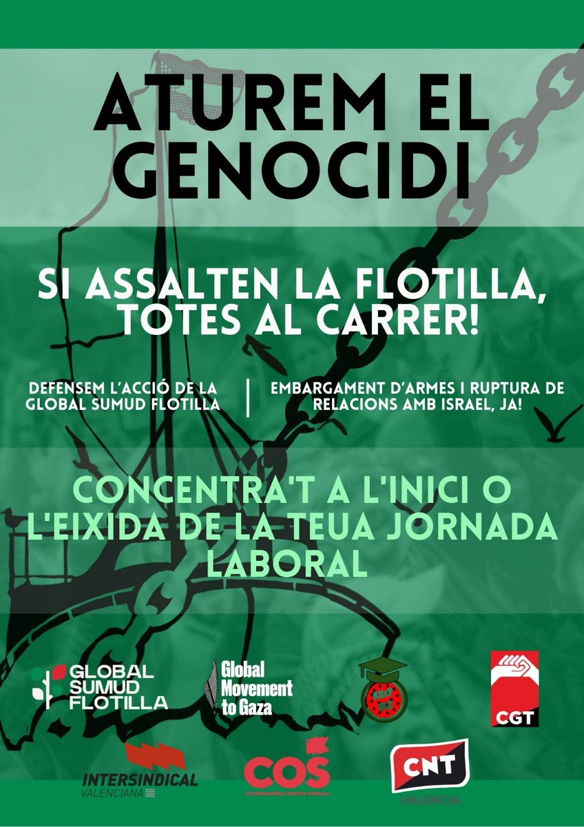 Concentra’t a l’inici o a la fi de la teua jornada. Si assalten la flotilla, totes al carrer: aturem el genocidi. Pacífic i massiu. #AturemElGenocidi #TotsAlCarrer