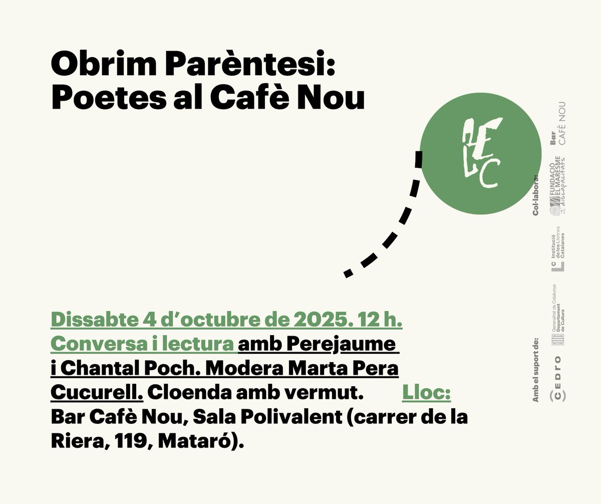 LaBreu Edicions (@labreuedicions) on Twitter photo Dissabte 4, a les 12 h, dins el cicle "Obrim Parèntesi: Poetes al Cafè Nou" conversa i lectura de <a href="/chantalpoch/">Chantal Poch 🦋</a> i Perejaume, modera <a href="/MartaPera/">Marta Pera Cucurell</a> 
al Bar Cafè Nou, Sala Polivalent de Mataró
organitza <a href="/EscriptorsAELC/">AELC</a> i la col·laboració de <a href="/bucdellibres/">Buc de Llibres</a> Dissabte 4, a les 12 h, dins el cicle "Obrim Parèntesi: Poetes al Cafè Nou" conversa i lectura de <a href="/chantalpoch/">Chantal Poch 🦋</a> i Perejaume, modera <a href="/MartaPera/">Marta Pera Cucurell</a> 
al Bar Cafè Nou, Sala Polivalent de Mataró
organitza <a href="/EscriptorsAELC/">AELC</a> i la col·laboració de <a href="/bucdellibres/">Buc de Llibres</a>