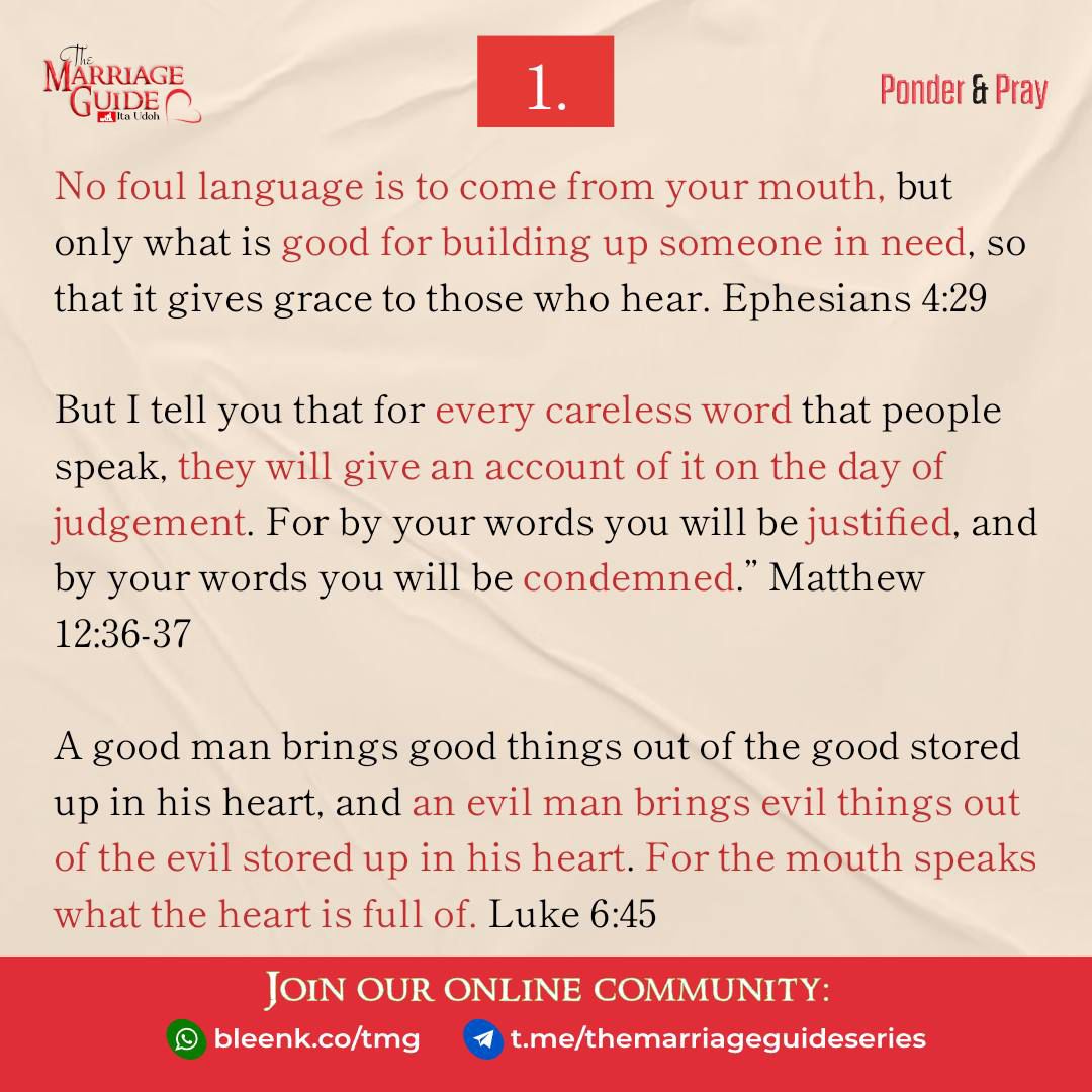TMGuideseries's tweet photo. [Day 271] Ponder and Pray (XXIII): Bridled Tongue 
@ItaudohOfficial

#TheMarriageGuide #Marriage #GodlyMarriage #Prayer #TMG #ItaUdoh https://t.co/7bZjYLh9E5