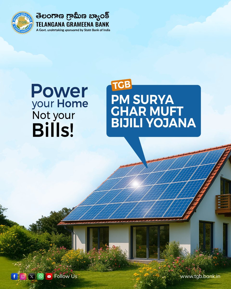 OfficialTGBHYD's tweet photo. Empowering homes with solar energy! PM Surya Ghar loans offer affordable financing to install rooftop solar panels and reduce bills.
#suryaghar #solarenergy #sunpower #pmschemes #tgbcares #tgbtalks #sbi #tgb https://t.co/iV0Too6VE7