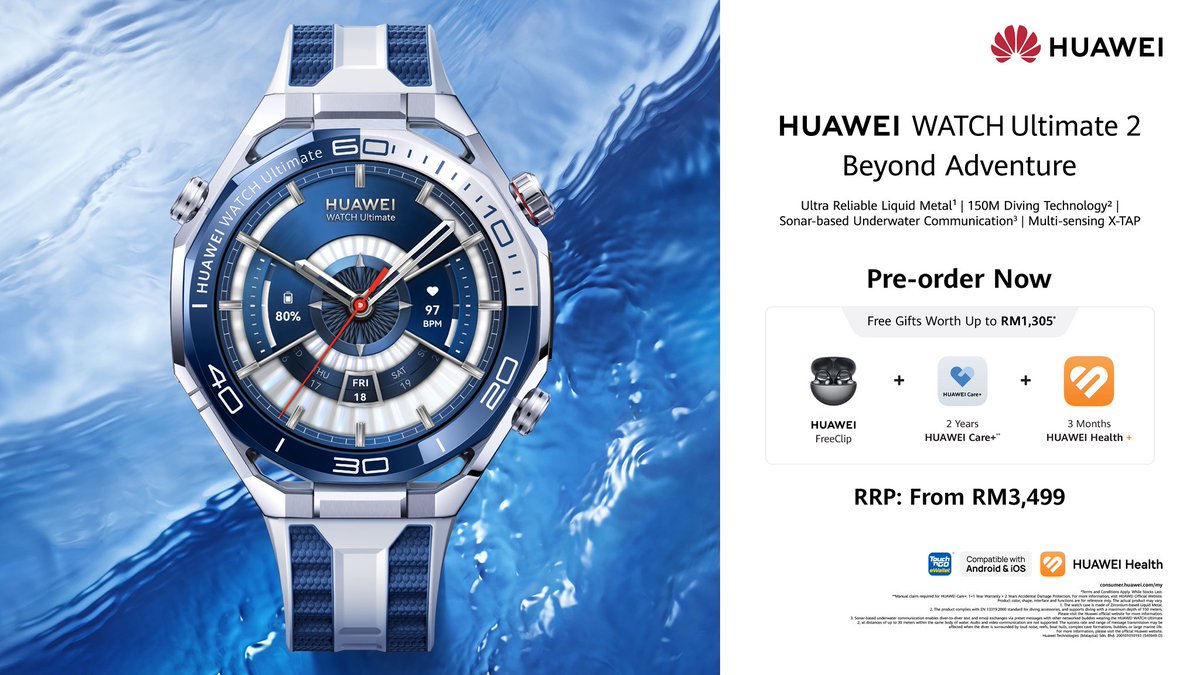 The new #HUAWEIWATCHUltimate2 — a premium design with advanced performance. It supports 150-meter Diving Technology with Sonar-based Underwater Communication.

Pre-order Now from RM3,499 (RRP)!

Learn More:
bit.ly/WATCHUltimate2…

*T&amp;C apply. While stocks last.