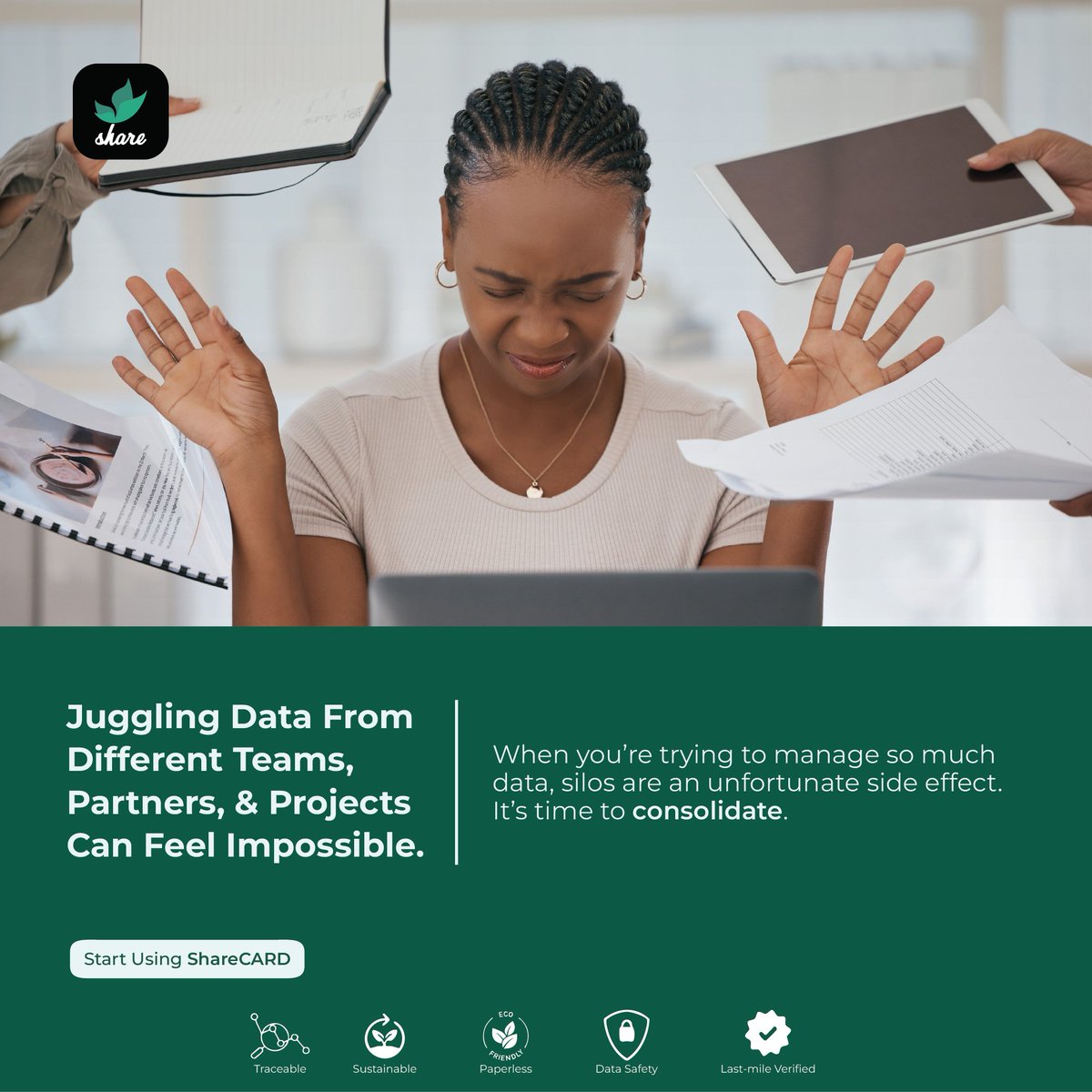 sharecard_app's tweet image. Juggling data from different teams, partners, and projects can feel impossible.
When you’re trying to manage so much data, silos are an unfortunate side effect. It’s time to consolidate.
#ProjectManagement #DataSilos #TeamCollaboration #AgriProjects