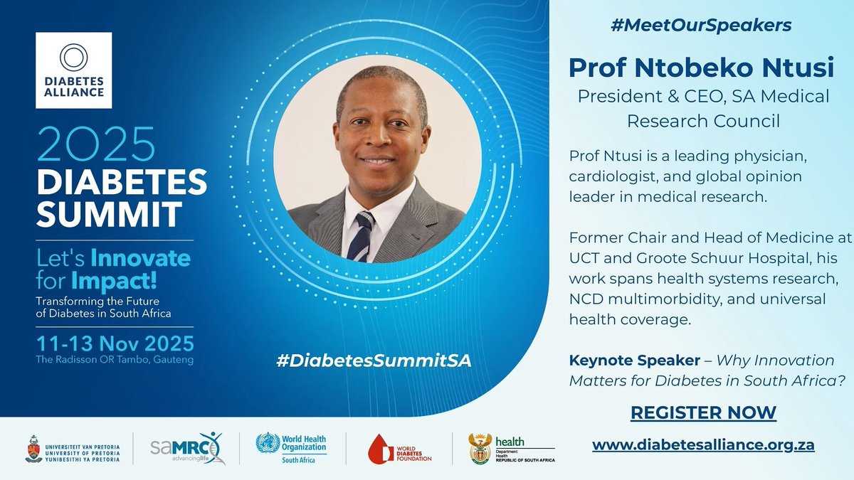 Faculty_HSUP's tweet photo. Professor Ntobeko Ntusi, President and Chief Executive Officer of the South African Medical Research Council (SAMRC), will be the Keynote Speaker at the 2025 Diabetes Summit. 

Register now: https://t.co/I2V7jrSejk #HSUP #DiabetesSummitSA https://t.co/h3xwfAJJTn