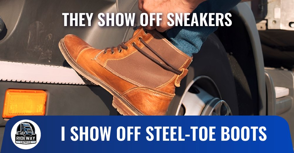 RIDEWAYExpress's tweet photo. Not dress shoes. Not sneakers.
Just steel-toed boots built for the long haul. 🥾
#RIDEWAY #owneroperator #cdldriver #cdljobs #instantpay #owneroperatorlife #truckinglife #truckingindustry #truckdrivers #logistics #freight #transportation #truckerlife #drivingjobs #truckerswanted https://t.co/nlqXyBwgq4
