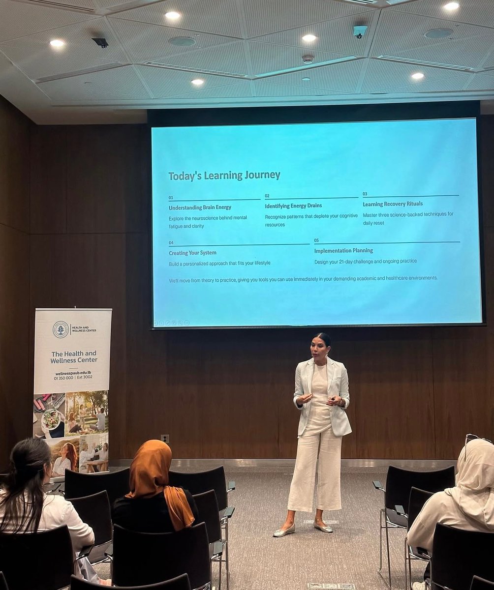 AUBWellness's tweet photo. Two great sessions: The Healing Switch &amp; How to Activate your Body’s Built-In Recovery System were provided by Mrs. Cynthia el Mortada to the AUB Community! “The body heals in safety, not speed”. #wellness #healing #recovery https://t.co/JSnzJ6E8MG