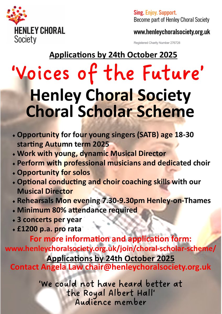 Fabulous new opportunity for four young singers with extended application date. Voices of the Future is our paid Choral Scholar Scheme - develop repertoire and perform with professional musicians with opportunities for solos and conducting and choir coaching skills. Details below