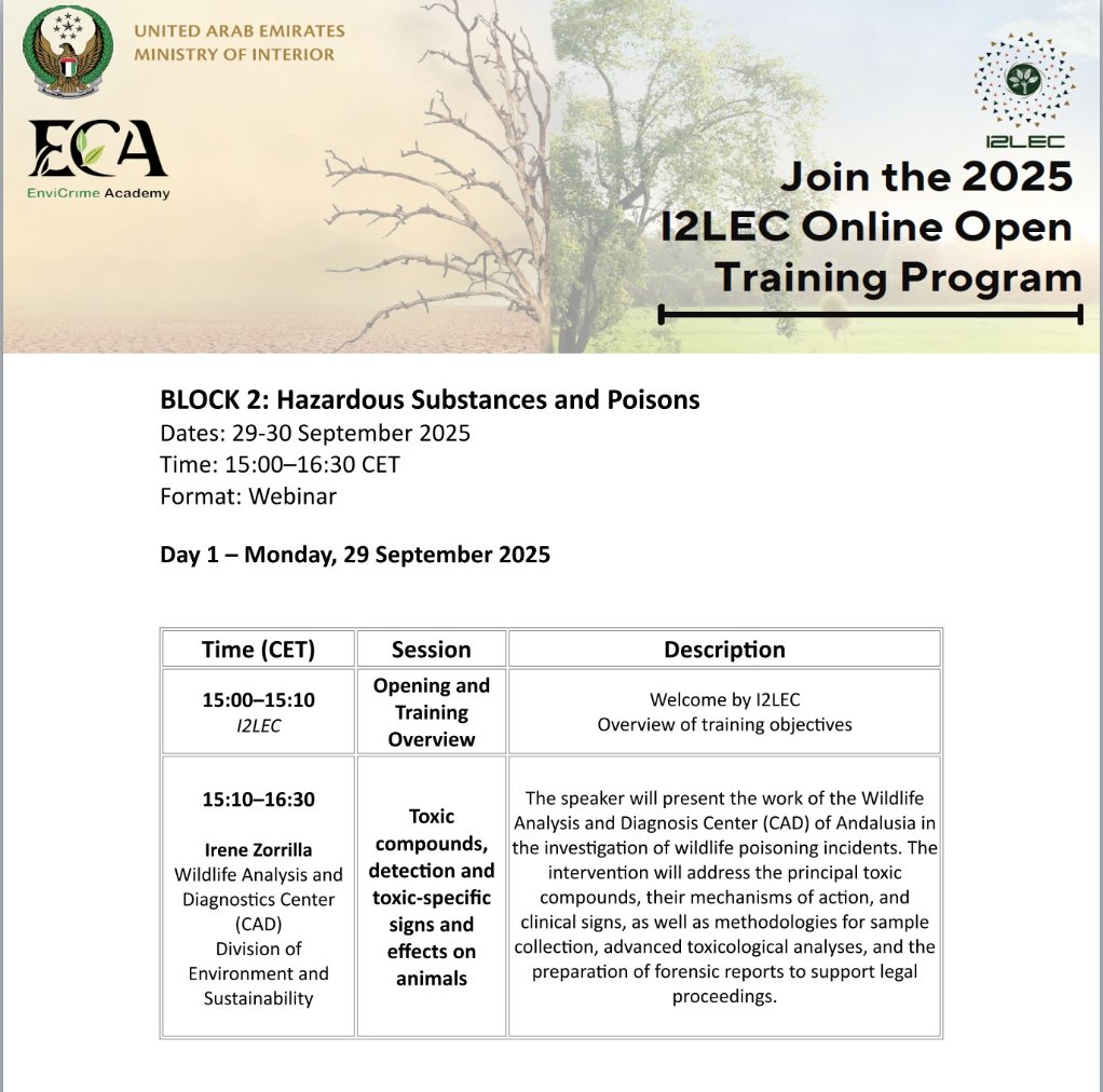 🔔 Join the I2LEC Online Training – Block 2: #Hazardous Substances and #Poisons  #Today! 29-30 September. lnkd.in/dxG3NXPv #I2LEC #ECA #EnviCrime