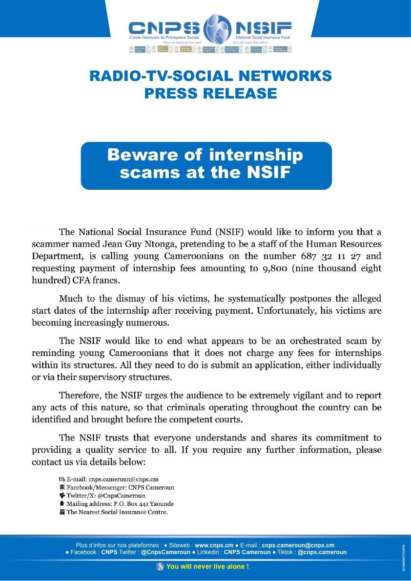 CnpsCameroun's tweet photo. L'accès au #stage n'est pas payant à la #CNPS du #Cameroun
#vousneserezjamaisseul #CommuniquéOfficiel
______________
Access to the #internship is free of charge at the #NSIF in #Cameroon.
#youwillneverlivealone #pressrelease https://t.co/Tja1vrkMLb
