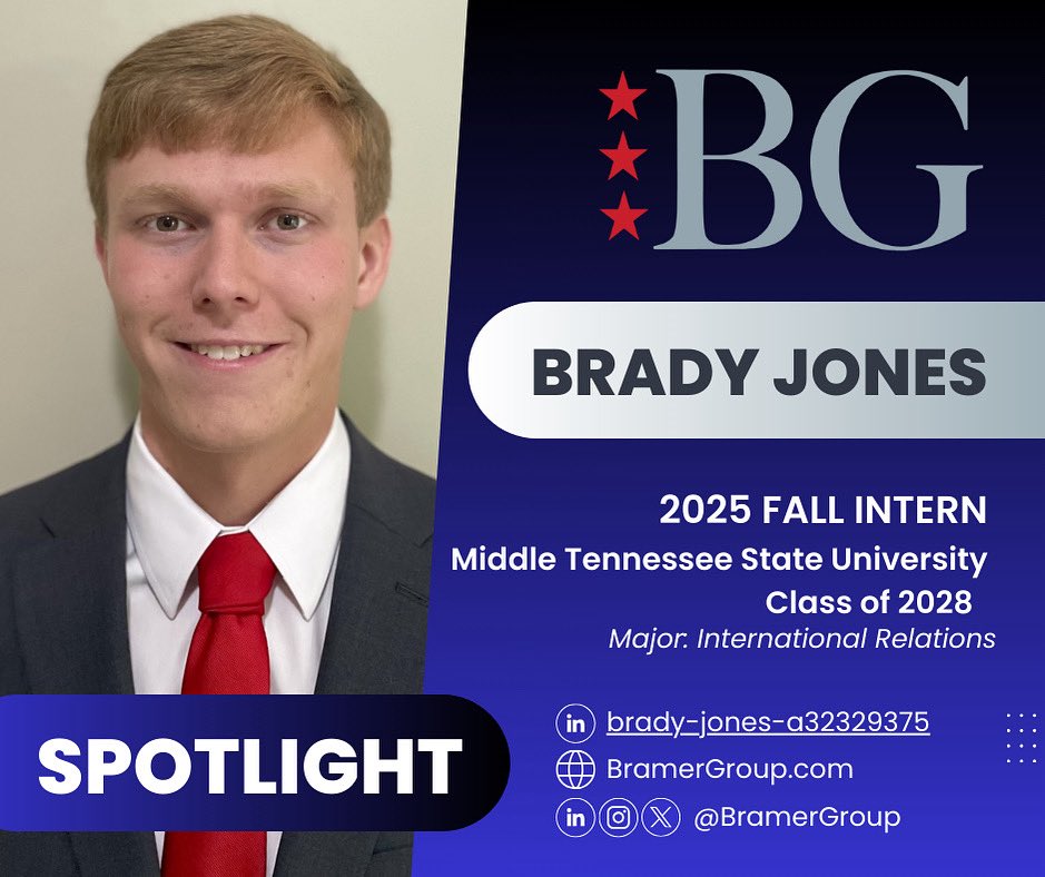 BramerGroup's tweet image. As BG continues to welcome its Fall class, today we spotlight Brady Jones who joins us from Middle Tennessee State University (MTSU). Brady will be working with our International Programs team this semester.

"My goals for this semester in Washington D.C. and with Bramer group…
